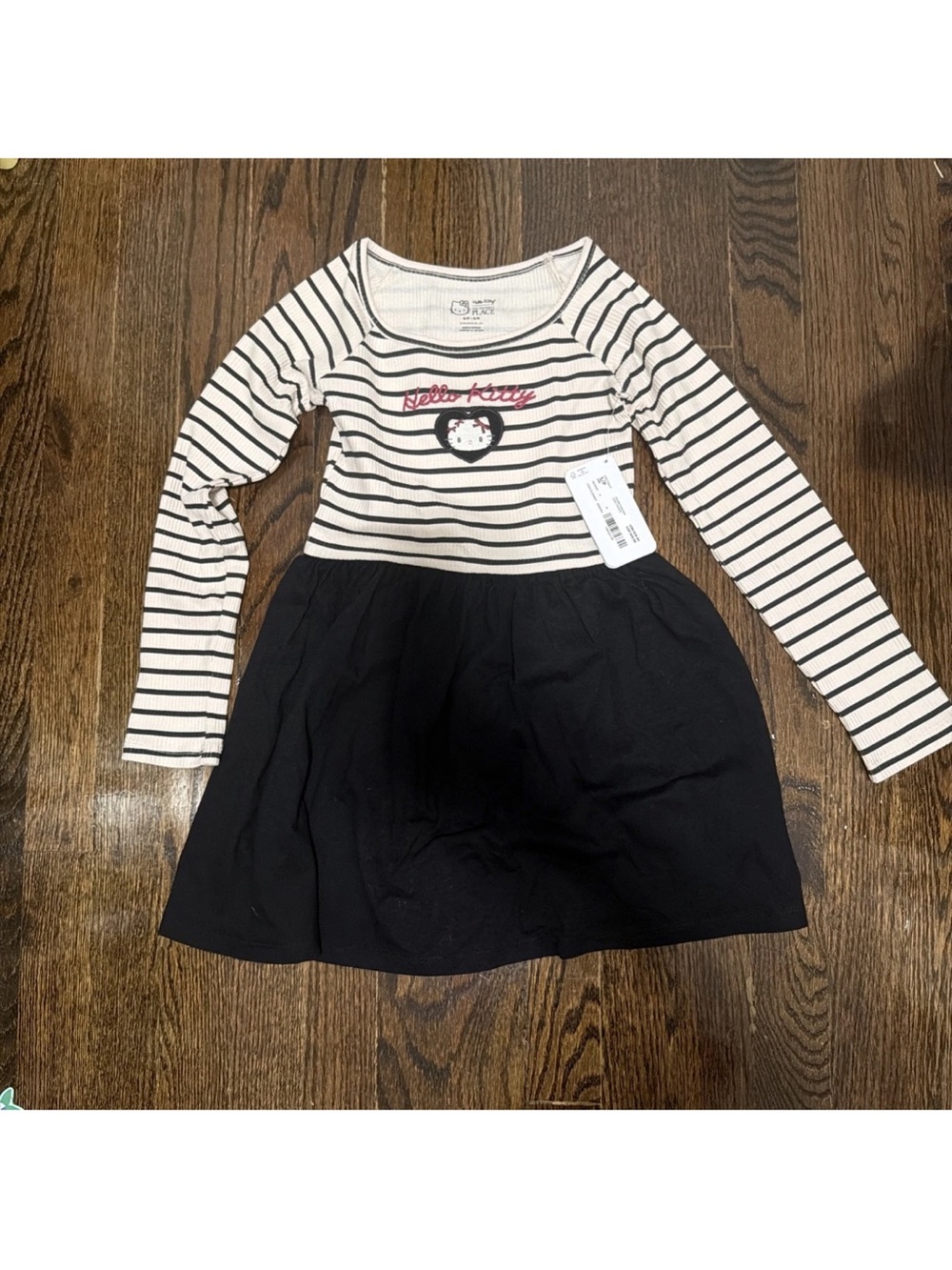 Hello Kitty Black & Cream Striped Bodice Long-Sleeve Dress with Black Skirt